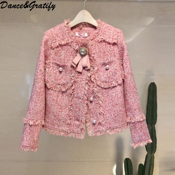 

2018 autumn winter woolen blends short coats women beading bowtie outerwear, Black