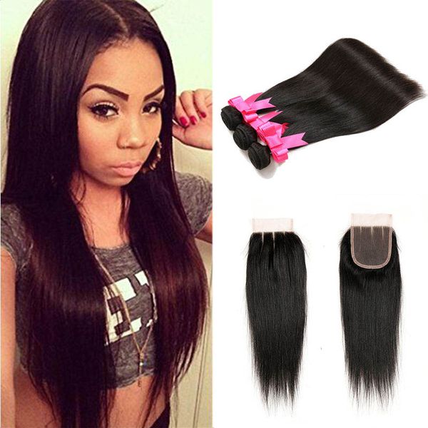 

brazilian virgin hair weave 3 bundles with 4x4 lace closure unprocessed malaysian peruvian straight human hair weaves natural color, Black