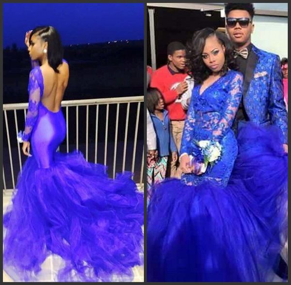 

v neck lace appliqued long sleeves royal blue backless mermaid prom evening gowns vestido de noche largos de fiesta elegante, Black;red