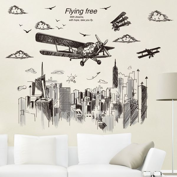 

shijuehezi] pencil sketch style airplane wall stickers diy tall buildings wall decals for living room dormitory decoration