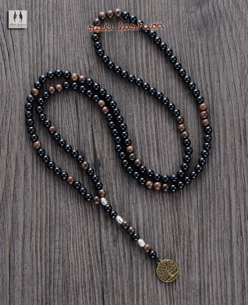 

men necklace quality 6mm black agate wood beads with tree pendant mens rosary necklace wooden beads mens jewelry, Silver