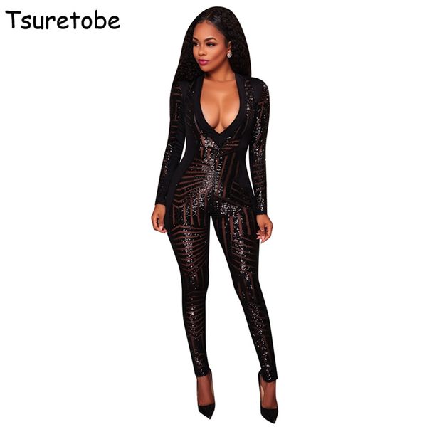 

tsuretobe fashion black bodycon jumpsuit women stitching perspective elegant jumpsuit long sleeve casual female, Black;white