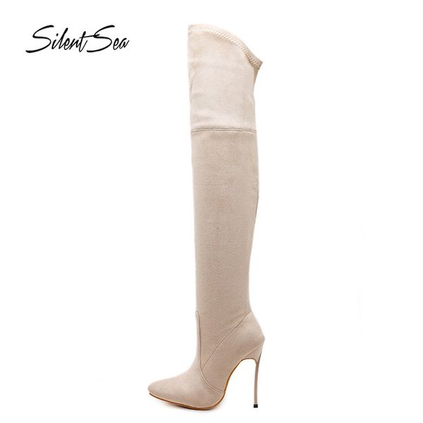 

silentsea flock leather long boots womens 12cm thin high heels shoes women boots over the knee daily female big size 35-42, Black