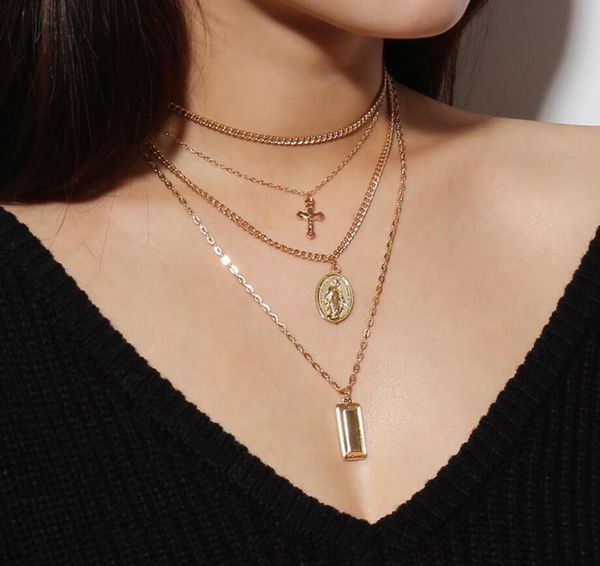

6pcs bohemia gold color cross layered necklace jesus virgin mary chain pendant necklace easter day's gift for women jewelry, Silver