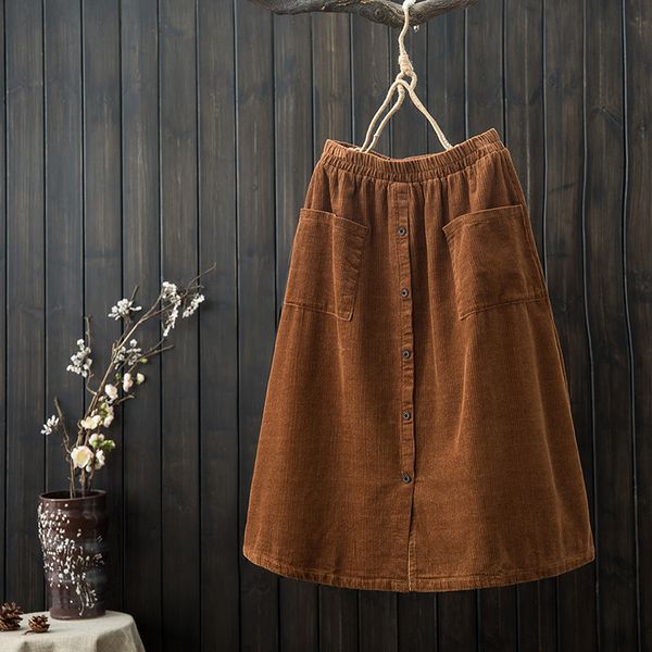 

corduroy single-breasted elastic waist pocket vintage a-line skirt mori girl 2018 autumn, Black