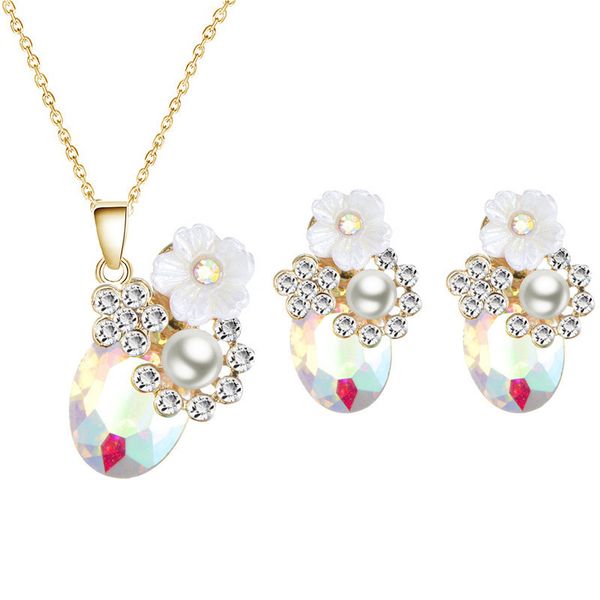 

warmhome trendy enamel glaze copper fashion shell cherry blossoms flowers gem pearls necklace earrings women jewelry sets, Silver