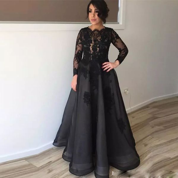 

black a-line floor length prom dresses jewel neck lace appliques abric dubai formal gown organza and satin prom skirts