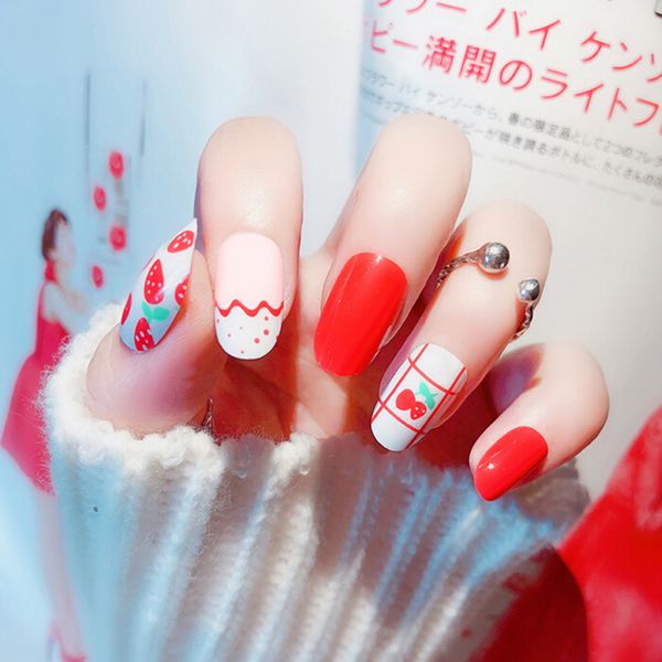 

24 pcs/set nail art false nail with 2g gluefake nails full cover simple manicur, Red;gold
