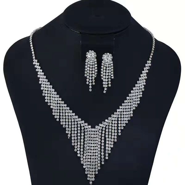 

tassel chain diamonds jewelry sets fringe dangle earrings diamonds pendant necklace women girl wedding jewelry evening dress accessories, Silver
