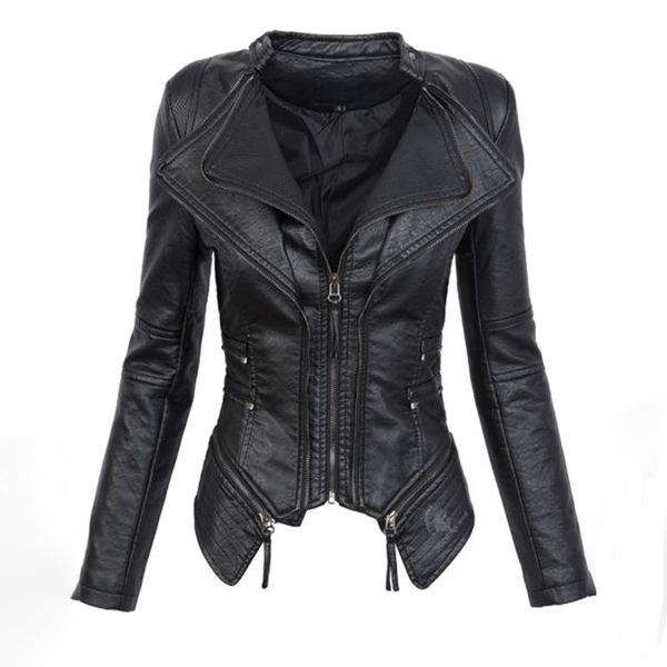 

черная готическая искусственная кожа pu куртка женская зима осень мода мотоциклетная куртка пальто панк молния верхняя одежда плюс размер ос, Black