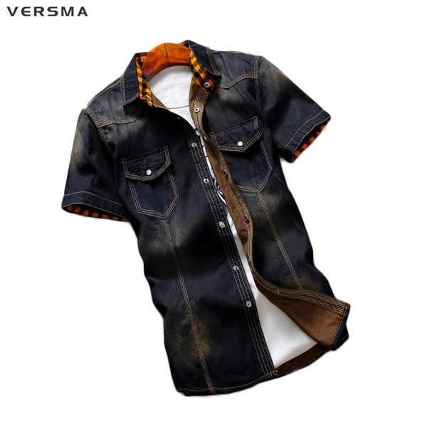 

versma 2017 summer 100% cotton denim casual men jean shirt short sleeve slim fit cowboy camisa hombre shirt men brand clothing, White;black