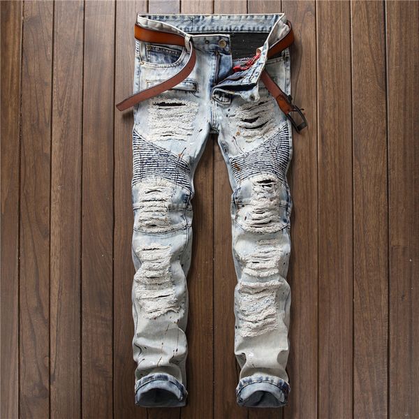 

2018 new spring male brand ripped frayed hole spliced jeans fashion slim denim trousers striaght casual hip hop jeans for men, Blue