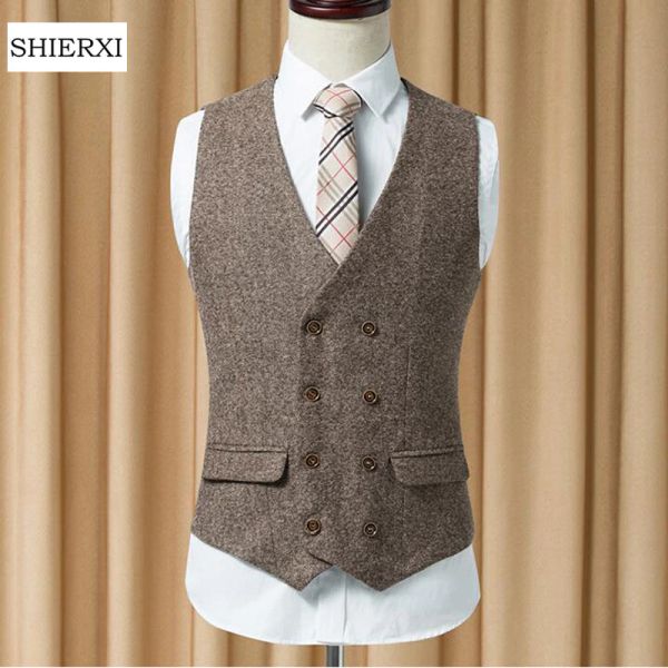 

Polyester Men Vests New Style Woollen cloth Double Breasted Sleeveless Jacket Waistcoat Men Slim Fit Suit Vest Size S-6XL England Style