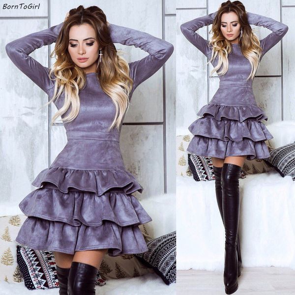 

borntogirl autumn winter high waist suede cake dress women elegant long sleeve o-neck black brown dress vestido robe femme, Black;gray