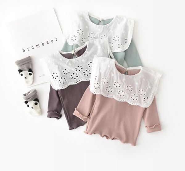 

girl kids clothing shirt 100% cotton lace hollow out turn down collar long sleeve design girl t shirt spring fall solid color top t shirt