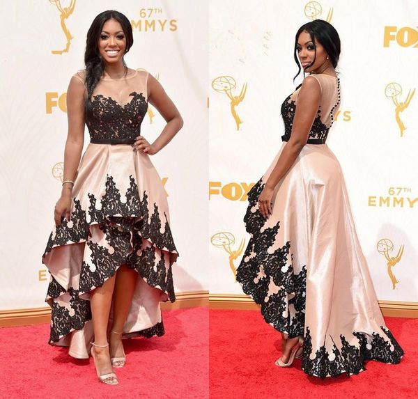 

pink taffeta with black appliques celebrity prom dresses scoop front short back long evening gowns red carpet dresses dh1309, Black;red