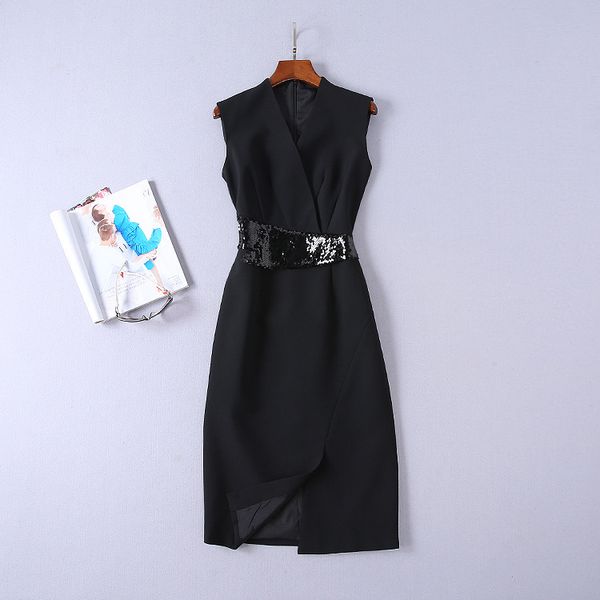 

european and american women's wear winter 2018 the new sleeveless sequined waist v-neck dress, Black;gray