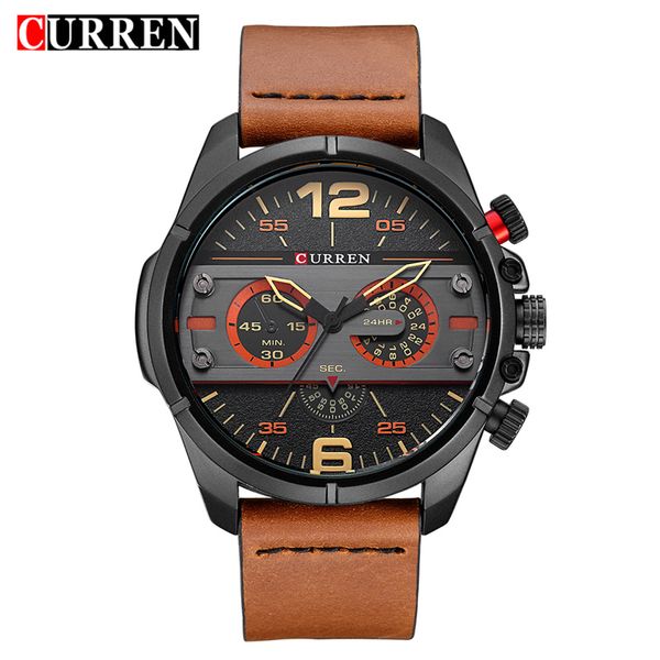 

new curren men watch luxury leather quartz wristwatch male waterproof army watch men's sports analog clock gift 8259, Slivery;brown