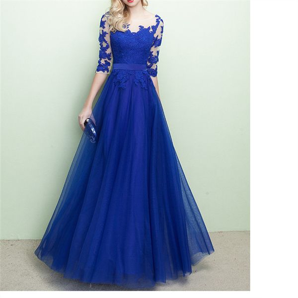 Mãe azul elegante da noiva vestidos de longa noite vestido sheop sheer com laço floral meia mangas comprimento de chão