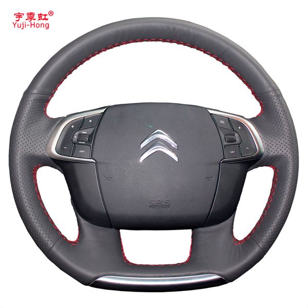 Yuji-hong couro artificial volante de carro cobre caso para Citroen C4 C4L 2011-2015 DS4 mão-costurado capa preta