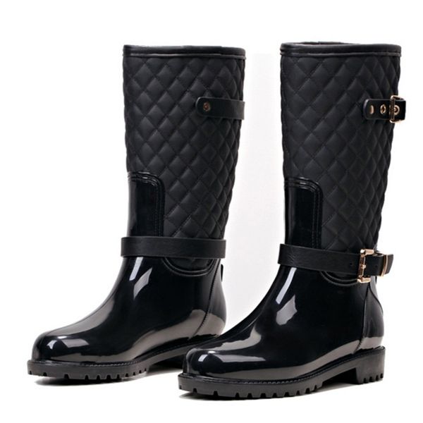 

fashion women mid-calf high heels rain boots slip-on waterproof low solid size chunky heel design buckles shoes, Black;red