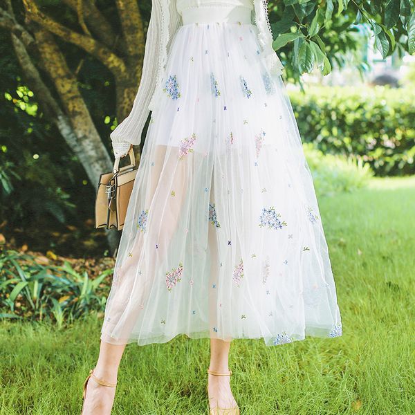 

elegant high waist transparent tulle skirt summer women's clothes long skirts sweet flower with embroidery pleated mesh skirts, Black