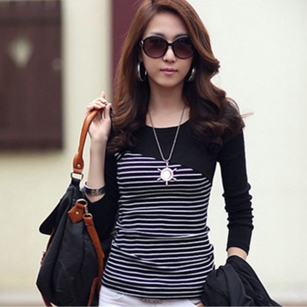 

2018 korean style long sleeve t shirts women student t-shirt womens fashion harajuku striped female slim femme lady t6, White