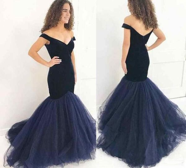 

2018 navy blue velvet prom dresses mermaid charming formal evening dress off shoulder tulle party gowns occasion wear, Black