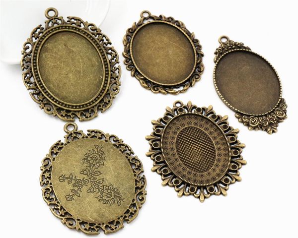 

5pcs 30x40mm inner size 4 style antique bronze plated cabochon base setting charms pendant, Blue;slivery