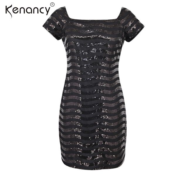 

kenancy 2xl striped black sequin mini dress women party & evening square collar back zipper short sleeve bodycon vestidos, White;black