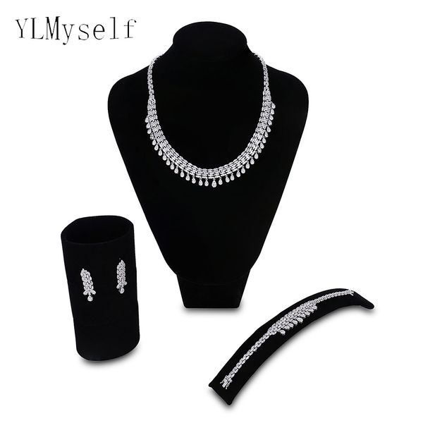 

2018 new big luxury jewelry sets involved necklace+bracelet+earring+ring wedding party water drop bridal jewellery set, Silver