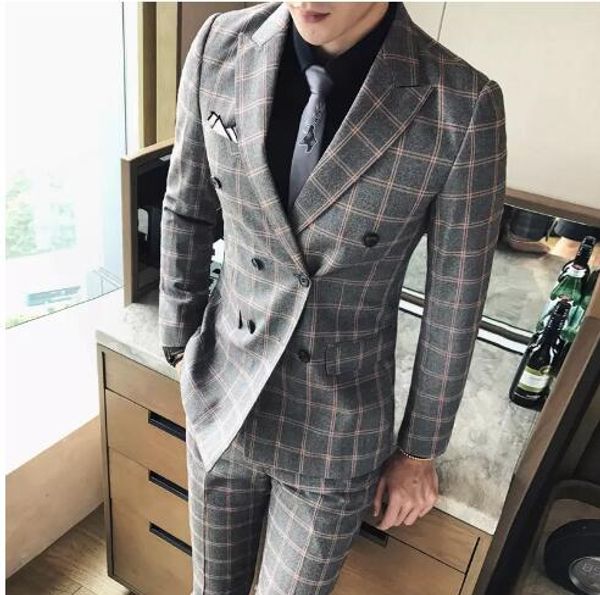 

jacket pants 2018 new men suits for wedding dress plaid business casual mens suit men's high end double breasted suit, White;black