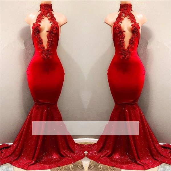 

новое прибытие красный пром платья русалка кружева аппликация бисер кристаллы jewel шеи backless формальное партии платья вечерние платья, Black