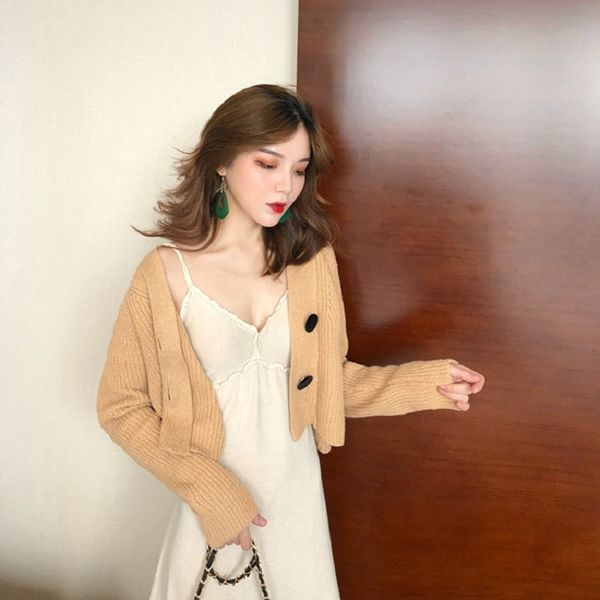 

autumn and winter new korean version of the retro solid color thick loose short paragraph long-sleeved cardigan sweater women, White;black