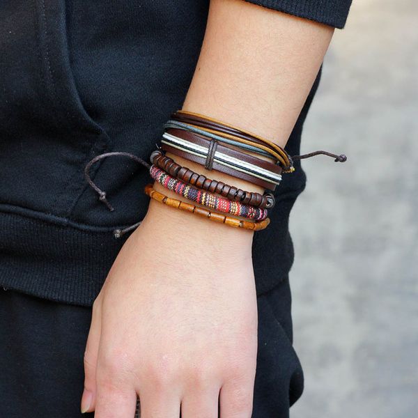 

5pcs/set men multi strand braided leather bracelet handmade beads wrist bracelet jewelry lxh, Black