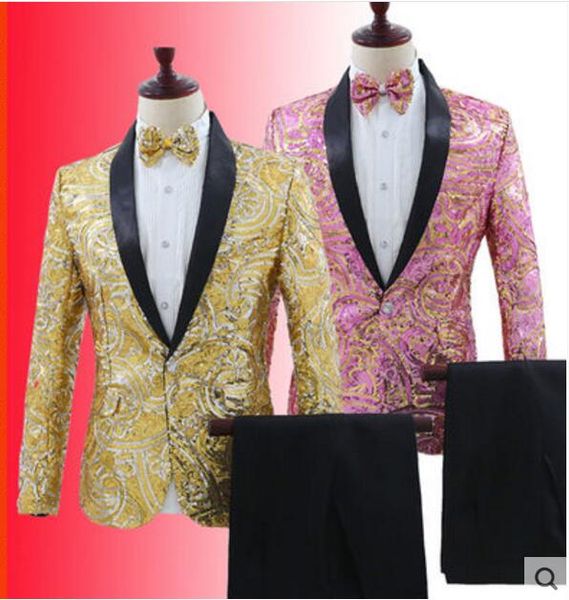

sparkly sequins pattern blazer trousers wear 2 colors men's slim suit set nightclub bar host clothes men singer team show outfit, White;black