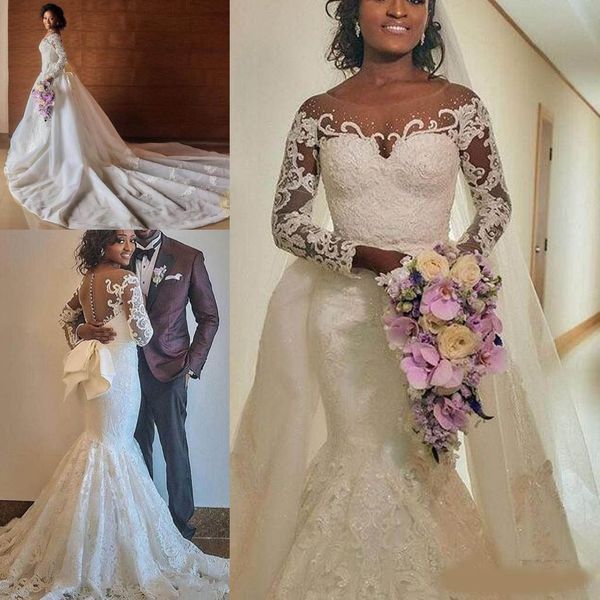 

plus size mermaid wedding dresses with detachable train 2020 modest big bow long sleeve full lace african nigeria trumpet bridal gown, White