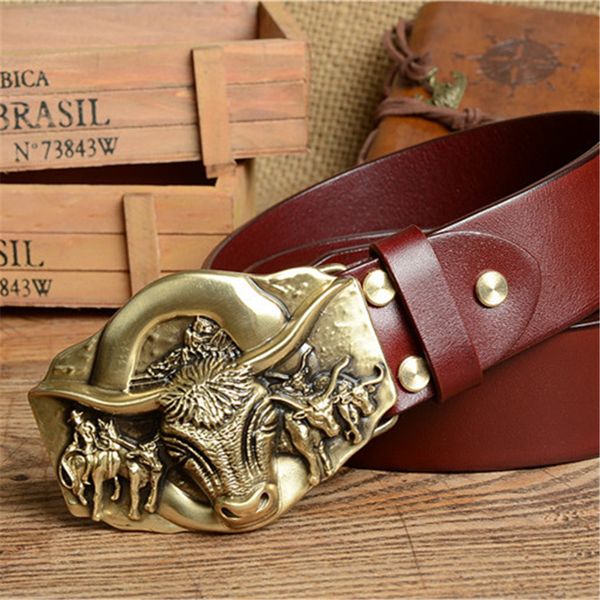 

cowboy belt brass bull buckle mens belts luxury genuine leather men belt vintage ceinture homme cinturones male strap mbt0389, Black;brown
