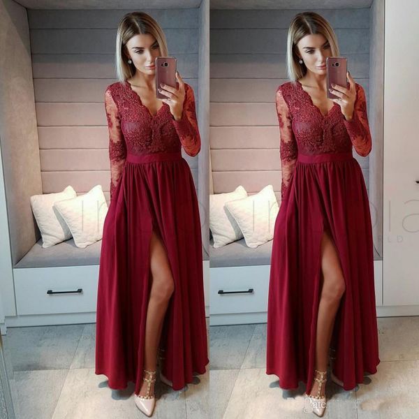 

Burgundy Long Sleeves Prom Dress 2018 Sexy Formal Occasion Dress Lace Appliques V-Neck Split Chiffon A Line Evening Dresses Cheap