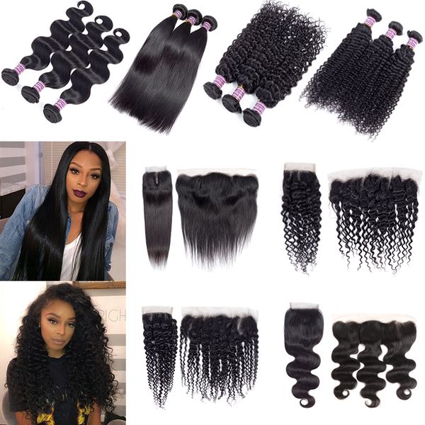 

10a brazilian virgin hair bundles with lace closure frontal straight body deep water wave kinky curly human weave extensions double machine, Black;brown