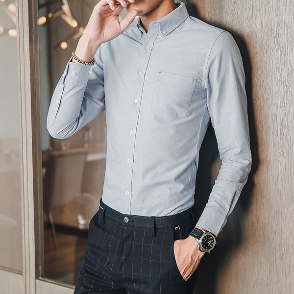 

pure color cotton shirt men business casual men shirt slim fit long sleeve shirts mens 4xl - s, White;black