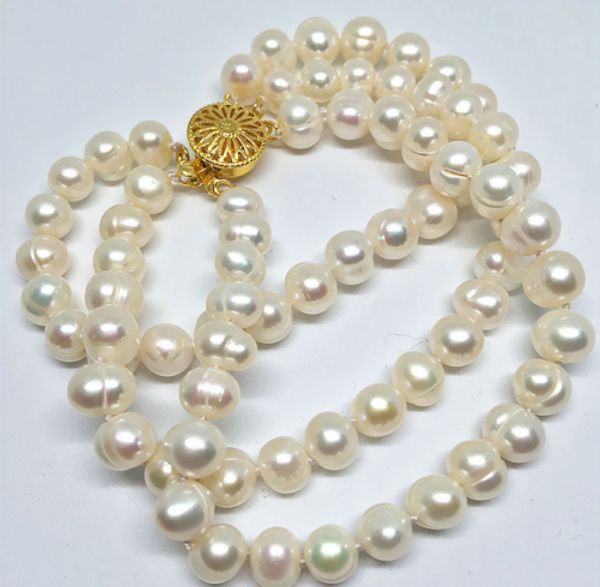 

3 rows fashion 9-10mm round white natural freshwater pearl bracelets 7.5", Black