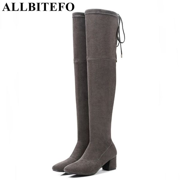 

allbitefo flock heel height 5.5cm elastic material women over the knee boots shoes girls fashion thigh high boots long, Black