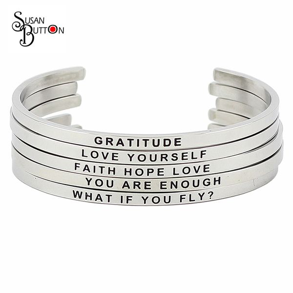 

316l stainless steel engraved positive inspirational quote hand stamped cuff mantra bracelet bangle for women gifts, Black