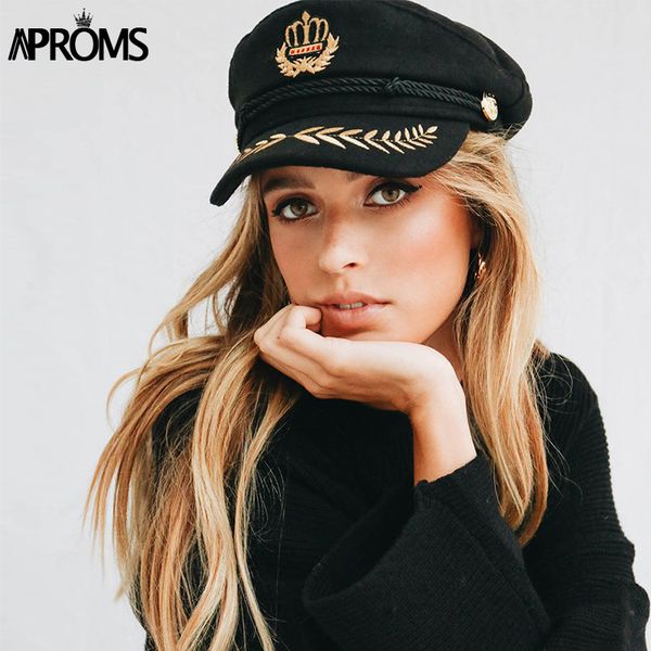 

aproms gold embroidery rope flat cap women 2018 black hat female casual summer autumn street fashion outfist 90s girls beret hat, Blue;gray
