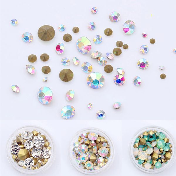 

1box 3.5g colorful holo sharp bottom rhinestone 3d nail decoration multi-size shining manicure nail art decoration 12 colors, Silver;gold