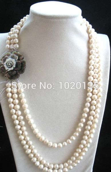 

wholesale 3rows white freshwater pearl 8-9mm near round black shell clasp 18inch nature, Silver