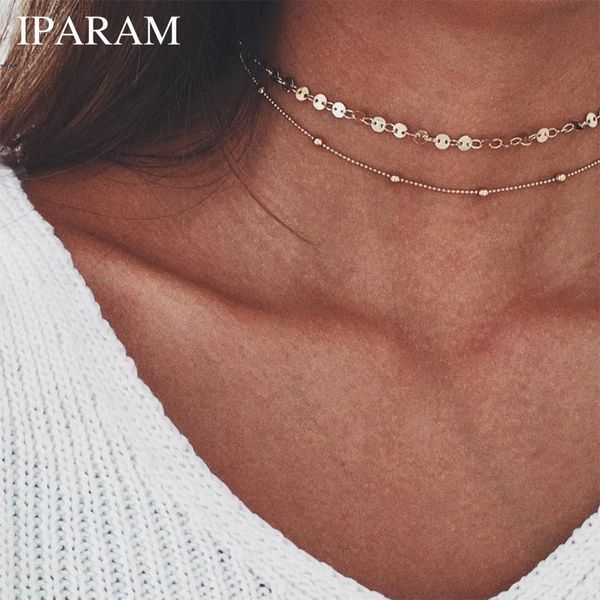 

iparam 2018 bohemian sequins choker necklace disc double layer chain statement choker necklace dainty round coin jewelry, Golden;silver