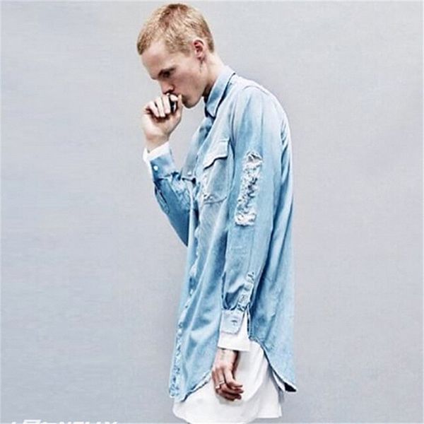 

wholesale-2017 high streeet ripped denim shirts men jeans new fashion water washed blue distressed loose baggy shirts s-xl, White;black