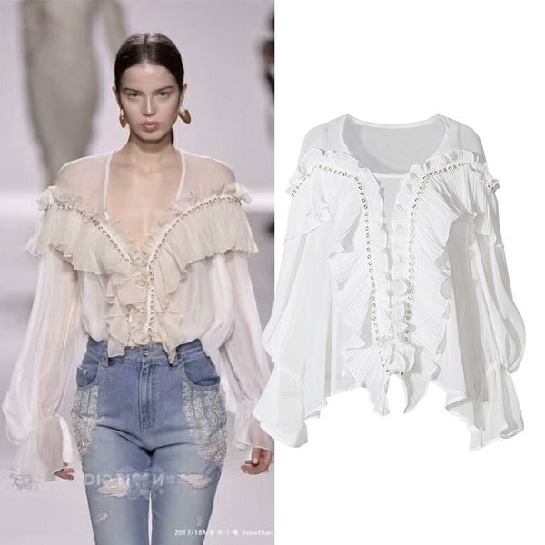 

menkay] new women chiffon 2018 vintage ruffles lantern sleeve pullovers round collar blouse ladies fashion, White